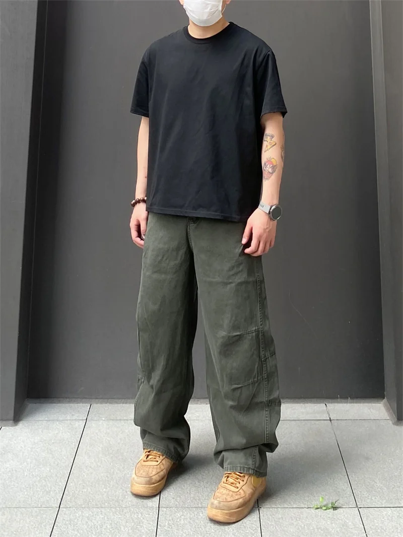 

Мужские рабочие брюки прямого кроя, винтажные, свободного покроя, осенне-зимние, повседневные, хлопковые, в стиле High Street, с дизайном «Слейтинг»