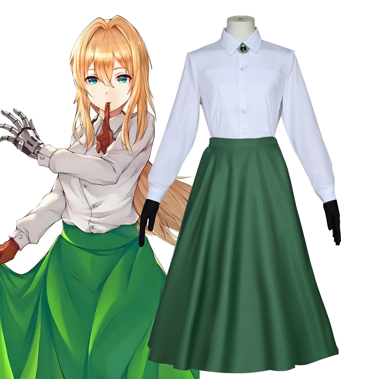 

Аниме Violet Evergarden Косплей Костюм Белая Рубашка Зеленая Юбка Униформа Женская Повседневная Одежда на Хэллоуин