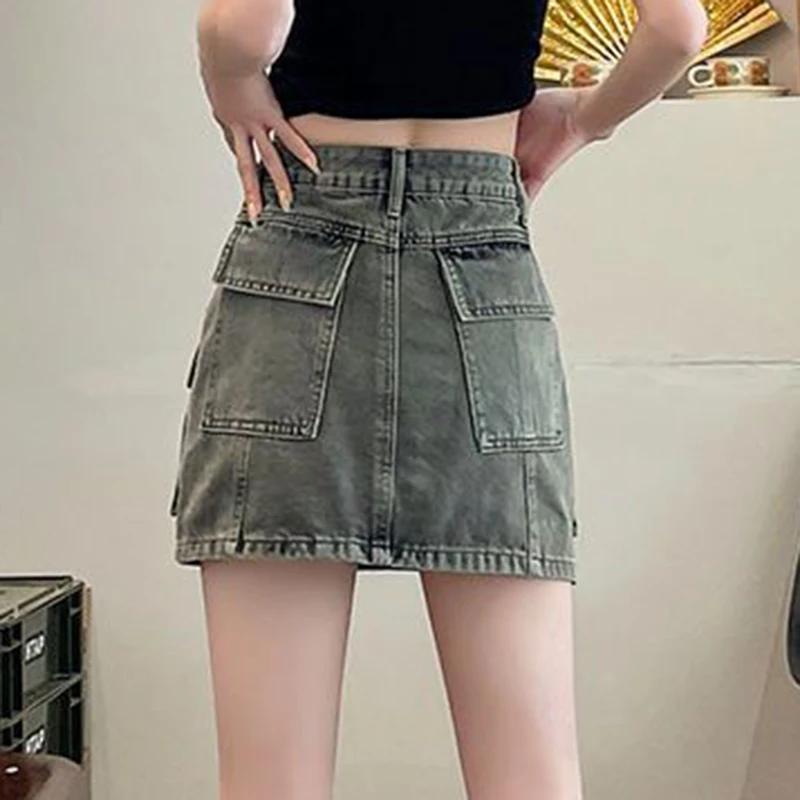 Cement gray workwear denim short skirt for women, summer 2024 new high waisted, hip hugging, spicy girl half body skirt