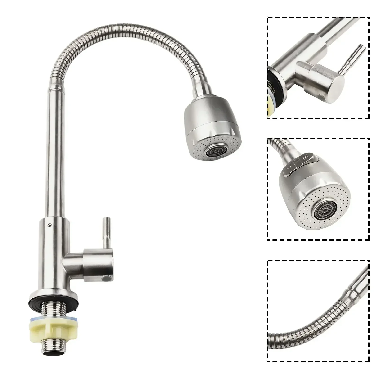 

304 Stainless Steel Kitchen Faucet Single Hole Pull Out Spout Kitchen Sink Mixer Tap Multifunctional Outlet Mode Cold Water Effe