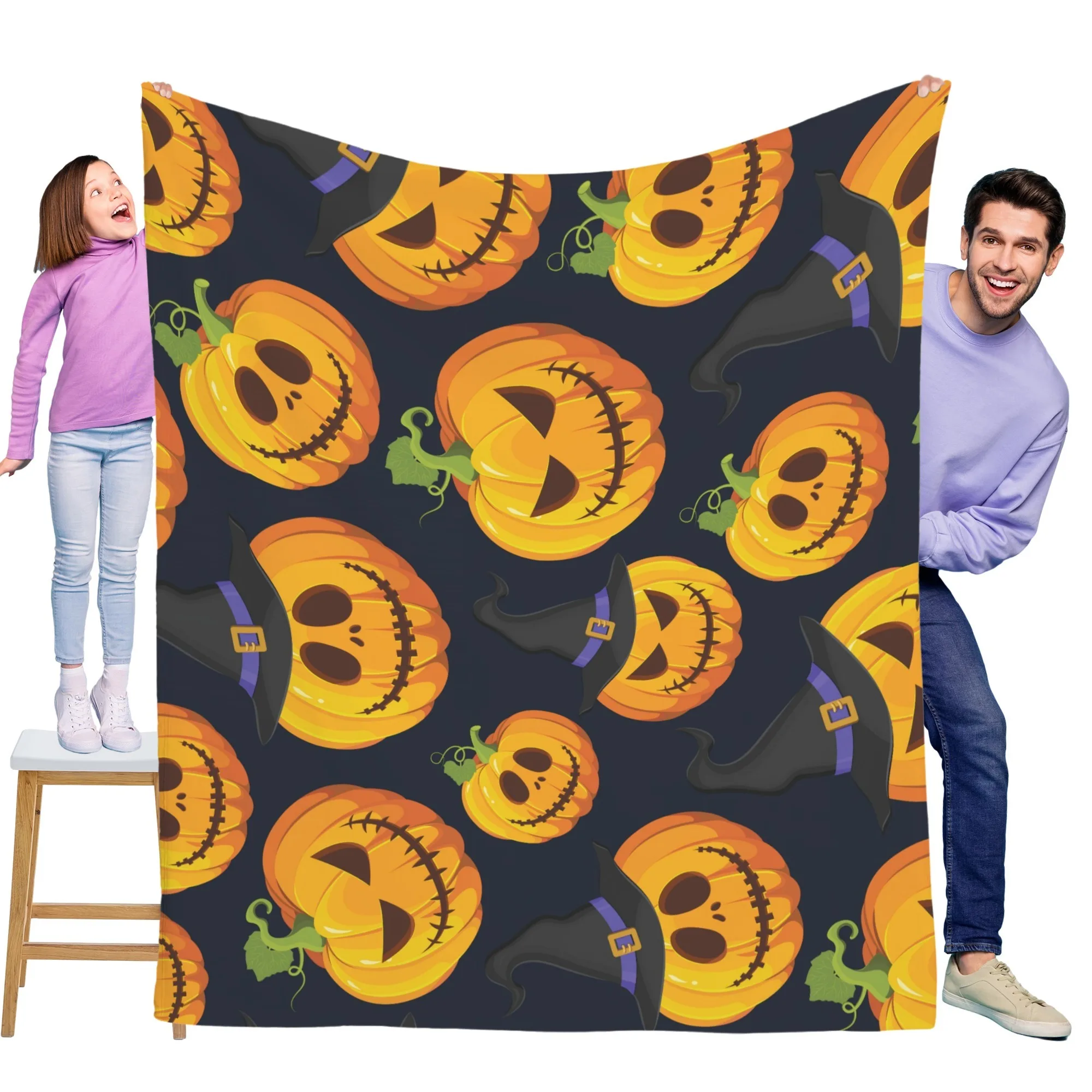 

Cartoon Halloween witch hat pumpkin flannel blanket is soft and warm, perfect for sofas, beds, offices, and travel
