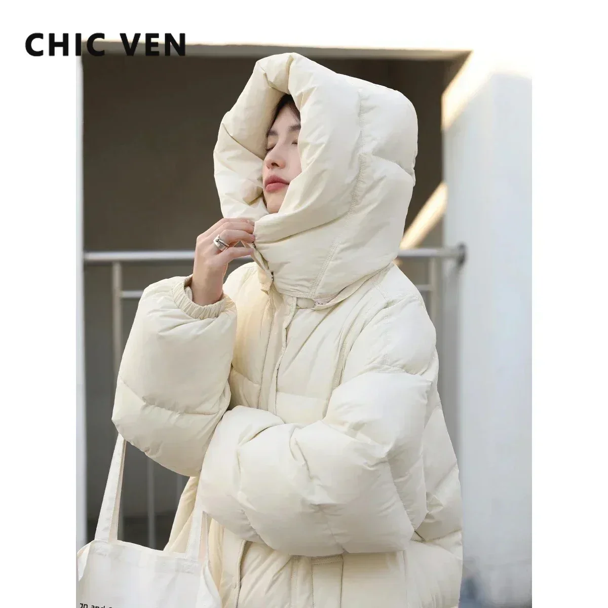 CHIC VEN Women Down Coats Loose Casual Warm 90 White Duck Down Long Hooded Down Jacket Female Bread Jackets for Woman Winter