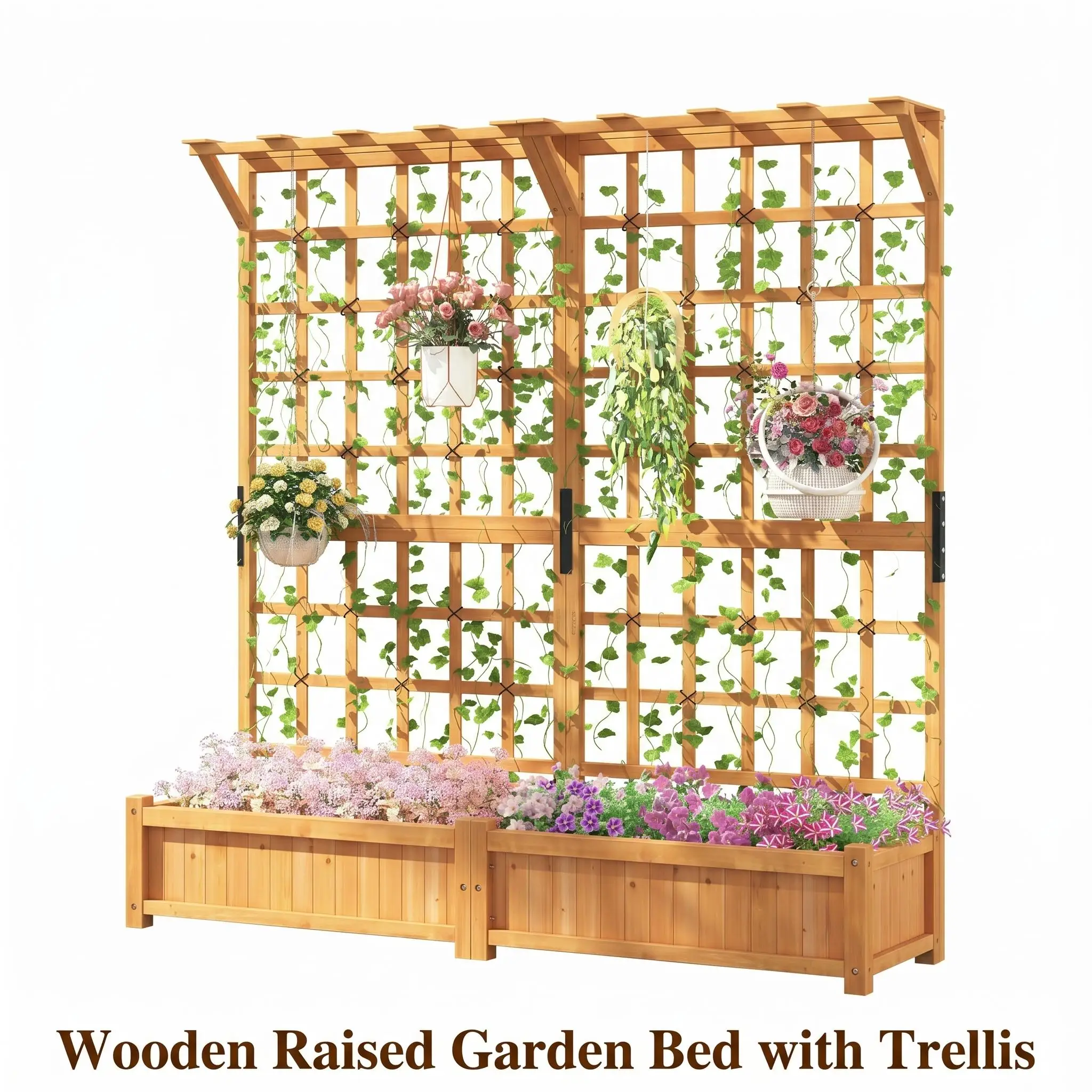 71 Inch Raised Garden Bed With Trellis Wood Planter Container With Hanging Roof And Garden Boxes Outdoor Planter Box With Drainage Holes For Climbing Plants Flowers Vine