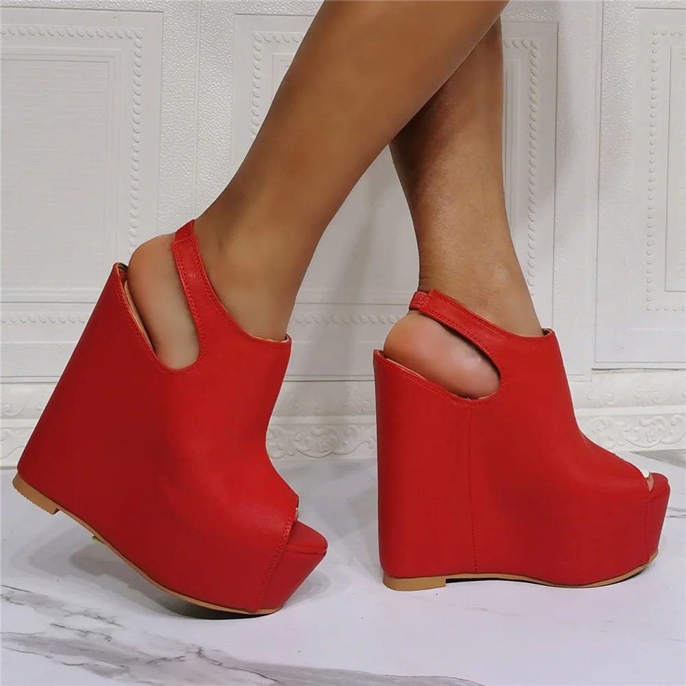 

Women Red High Heel Wedge Sandals Peep Toe Platform Slip On Slides Fashion Party Dress Shoes Plus Size 47 Summer Casual Shoes
