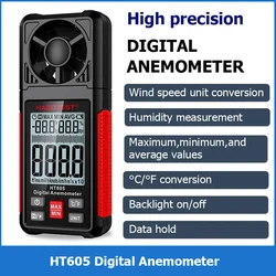 HT605 Digital Anemometer Handheld Wind Speed Meter for Measuring Wind Speed, Temperature and Wind Chill with Backlight LCD