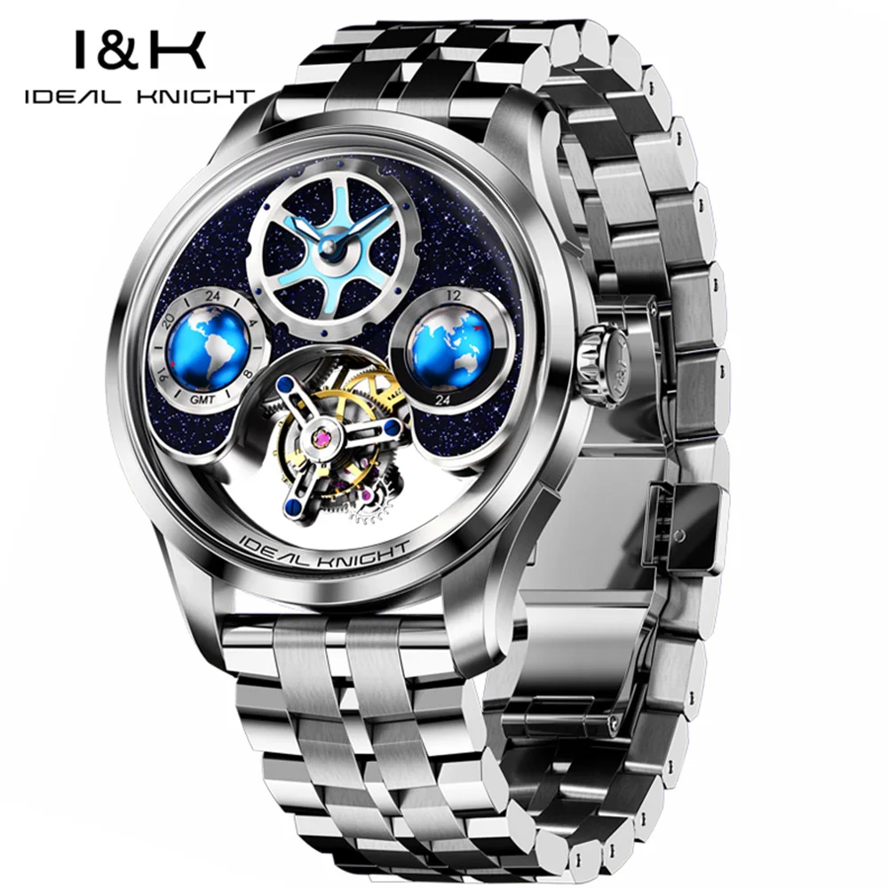 IDEAL KNIGHT 6808 Tourbillon Watch For Men Blue Globe Series Collection Limited Edition Original Automatic Mechanical Man Watch