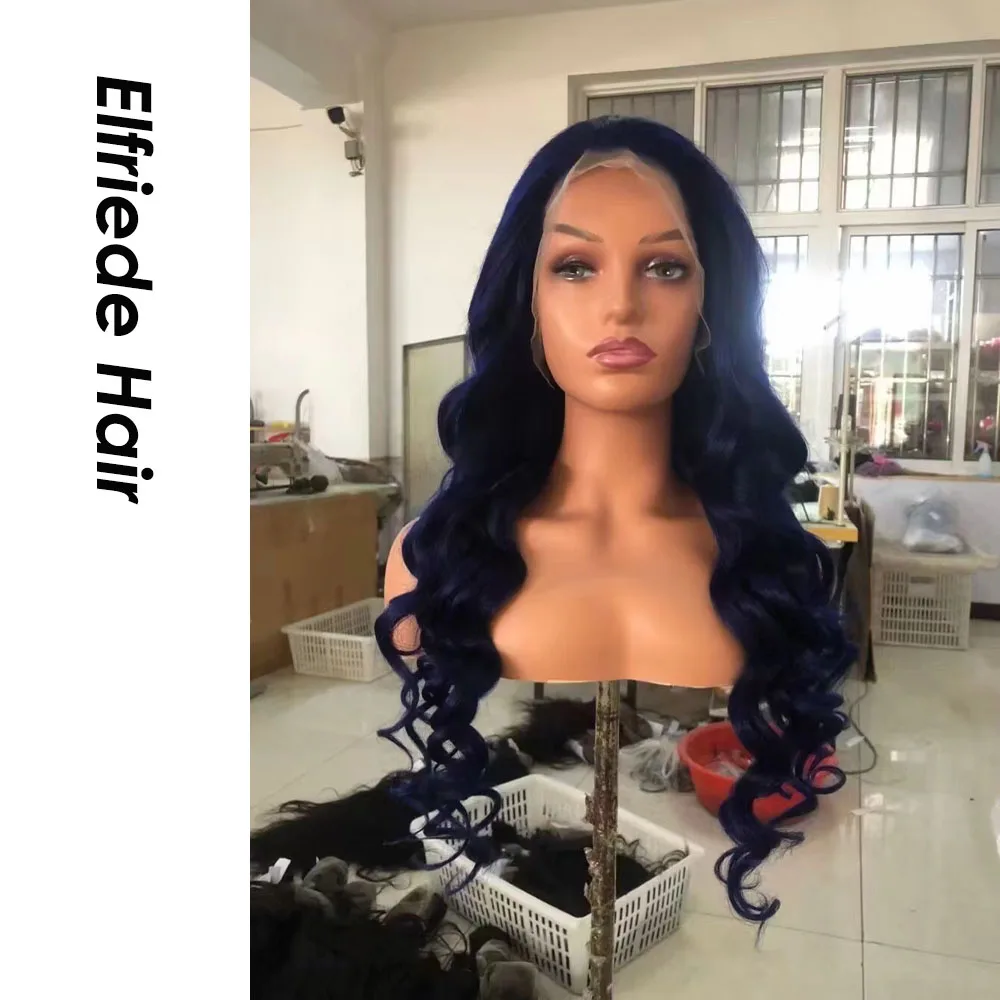 Elfriede #Dark Blue Loose Wave Lace Wigs for Women 4x4 Lace Closure 13X4 13X6 HD Lace Frontal Wig 100% Remy Human Hair Wigs