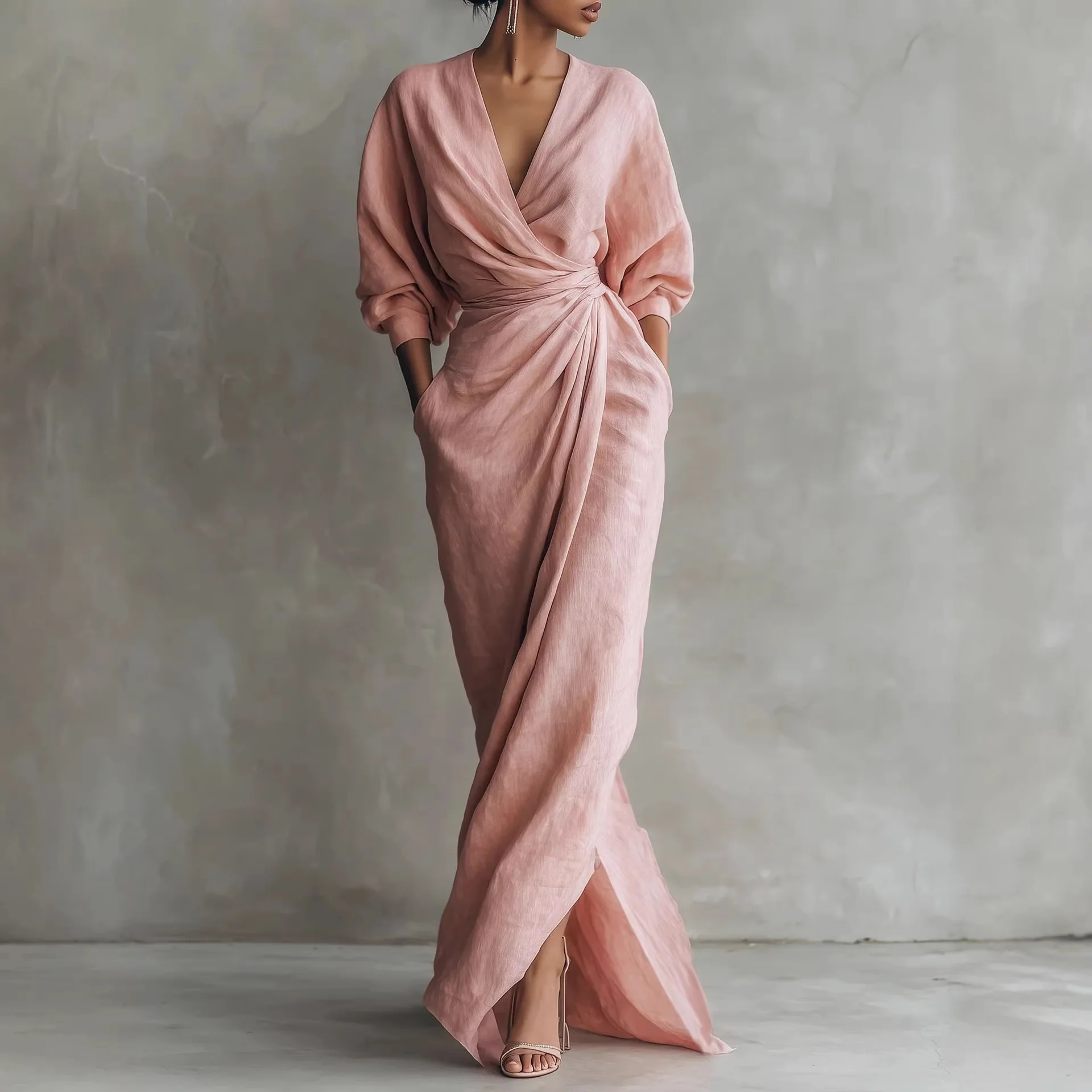 

Simple Folded Waist Cinched Dress V-Neck Midi Dress for Women Polyester Fiber Seven-Sleeve Regular Sleeve Mid-Waist Dress