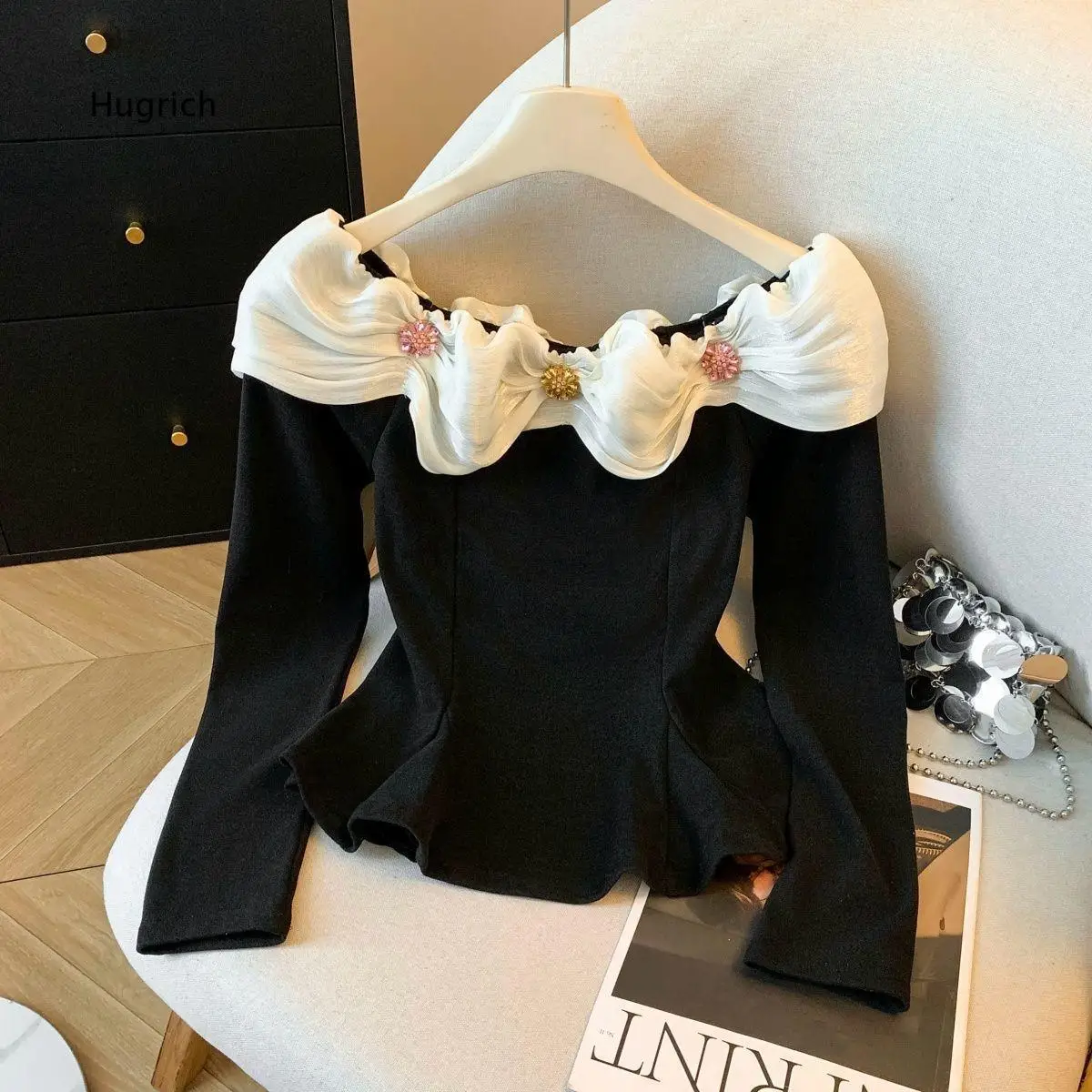 Womens Elegant Long Sleeve Shirt Off Shoulder Ruffled Neck With Rhinestone Accent Contrast Color Slim Fit Peplum Hem Blouse