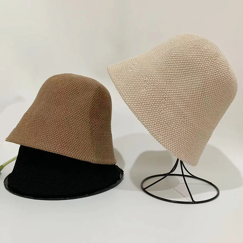 Summer New Bucket Hats for Women Solid Color Weave Casual Versatile Outdoor Breathable Vacation Sunscreen Hat Fold Panama Caps