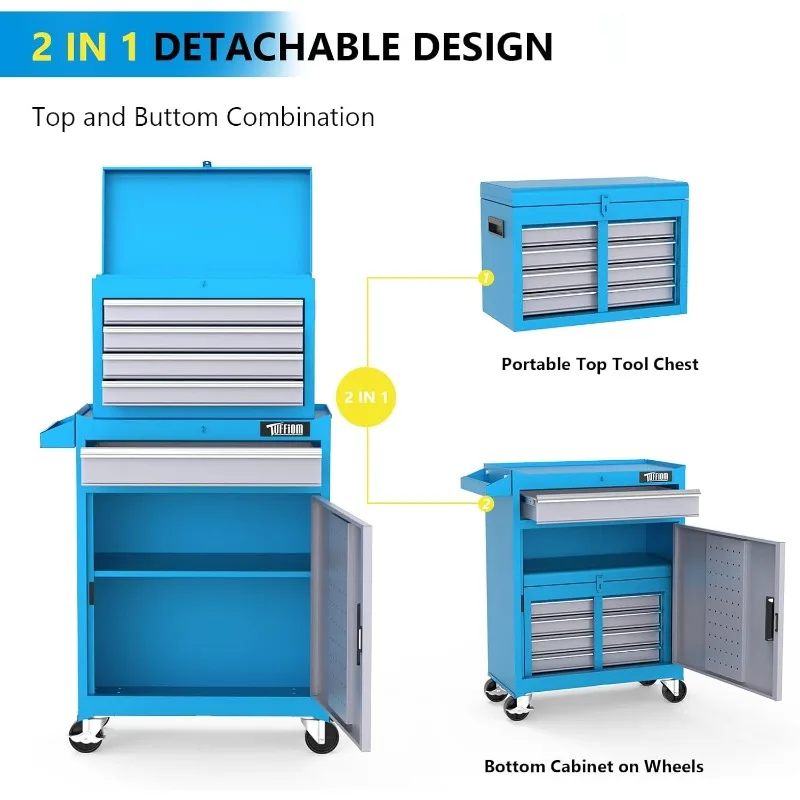 خزانة أدوات دوارة مكونة من 5 أدراج، وخزانة تخزين الأدوات مع أدراج، وعجلات قابلة للقفل، وعلوي قابل للفصل ورف قابل للتعديل