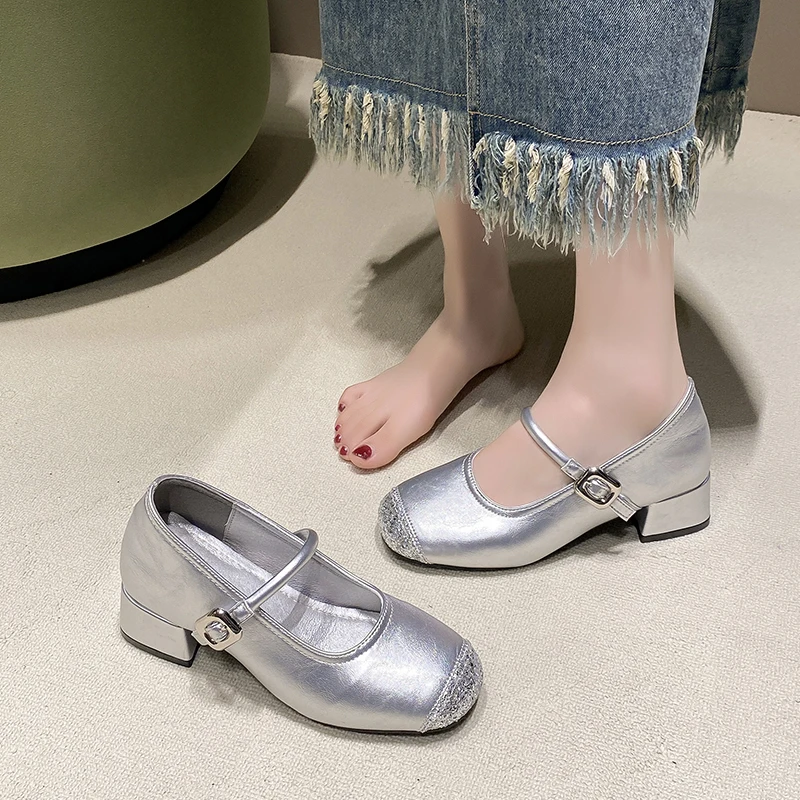 

Bling Mixed Color Ballet Shoes Flat with Round Toe Buckle Strap Black Silvery Shallow Women Mary Jane Shoes Elegant Dress Shoes