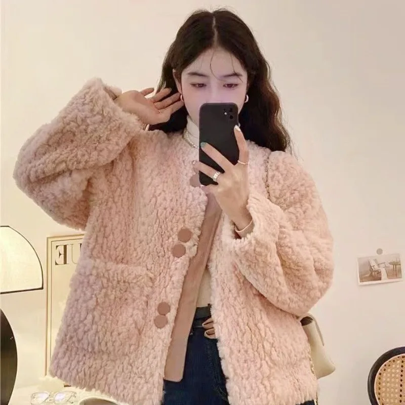 

2024 Fashion Small Fragrance Jacket Pink Overcoat Women Autumn Winter Short New Warm French High-grade Imitation Lamb Wool Coat