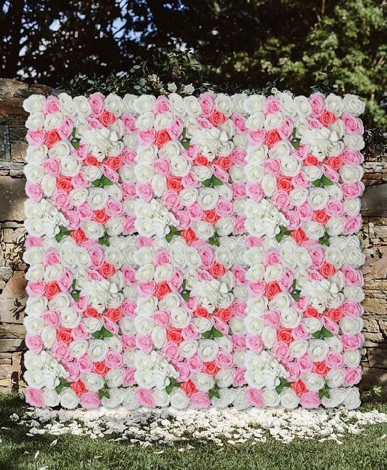 3D Pink Rose Cloth Roll Up Flower Wall Curtain Hanging Fabric Green Plant Wall Birthday Event Party Wedding Backdrop Deco Props