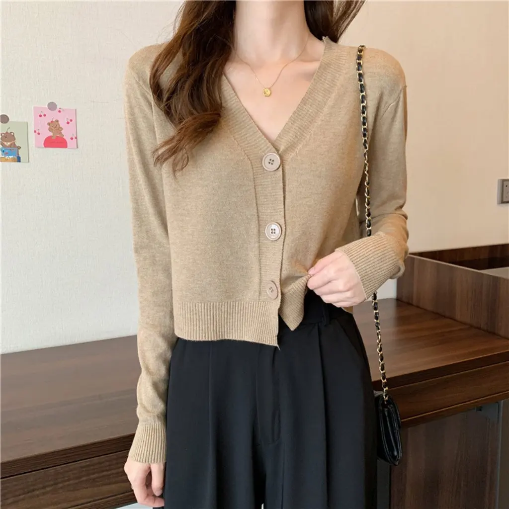 

Женский короткий кардиган из тонкой вязки 12 калибра, свободная однотонная универсальная верхняя одежда с длинными рукавами