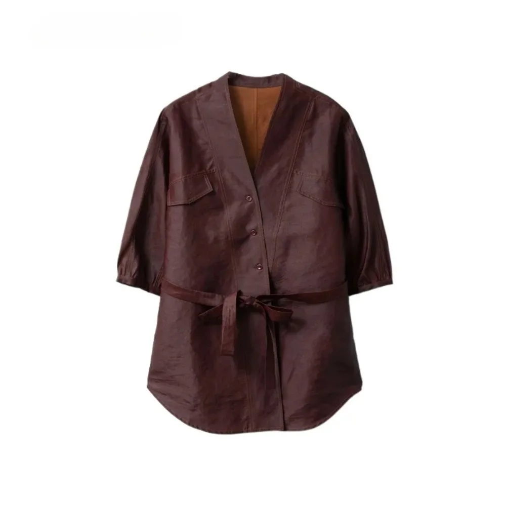 Moda damska wiosna/jesień nowy styl 100% naturalny jedwab morwowy czerwona włóczka chmurkowa dekolt w serek rękaw trzy czwarte kurtka kardigan