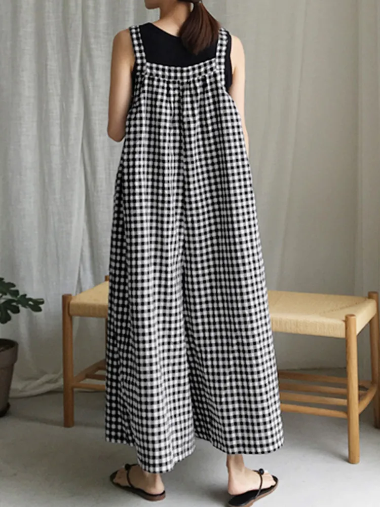 2023 Fashion Women Plaid Playsuits Celmia Summer Bohemian Jumpsuits Vintage Wide Leg Pants Casual Sleeveless Trousers Overalls