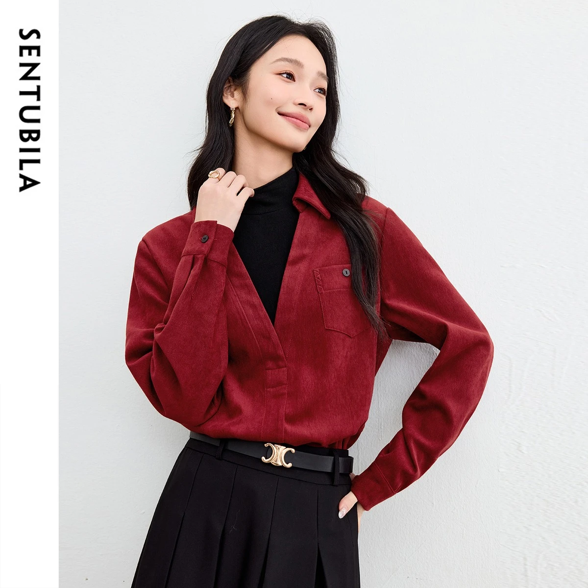 

SENTUBILA Women's Long Sleeves Shirt 2025 Autumn Contrasting Color Half High Collar Hem Split Blouses Loose Thick Top 154CK3403