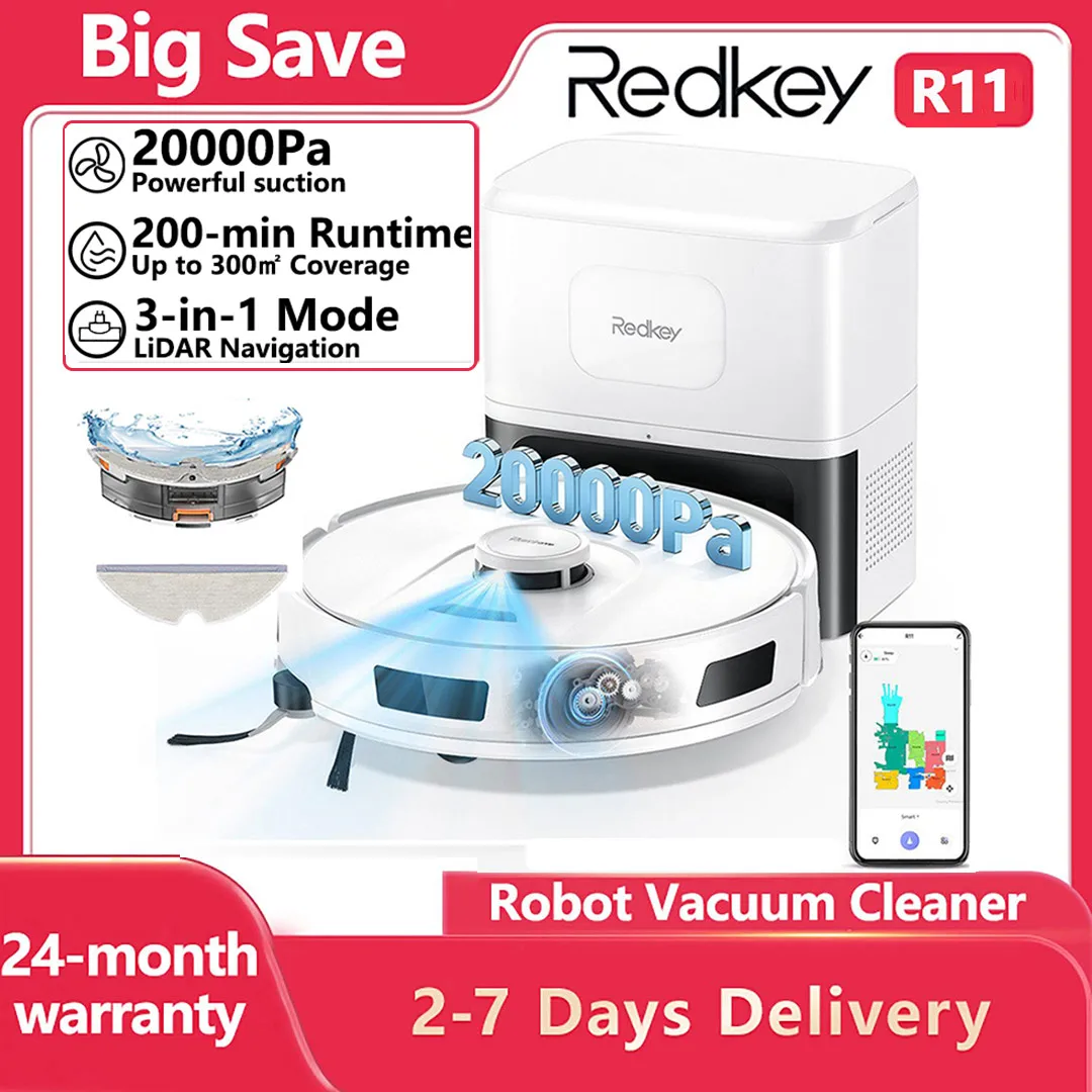 Redkey R11 Robot Aspirateur Balai 3-en-1 avec Navigation LiDAR, Aspiration Puissante 20000Pa, Compatible Alexa/Google Home, Contrôle par Application, Intelligent