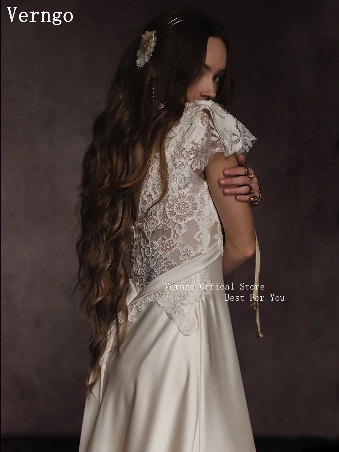 Picture 3: Verngo Luxury Satin Wedding Dress Square Collar A Line Short Sleeves Bridal Gowns Women Elegant Wedding Dress Customized