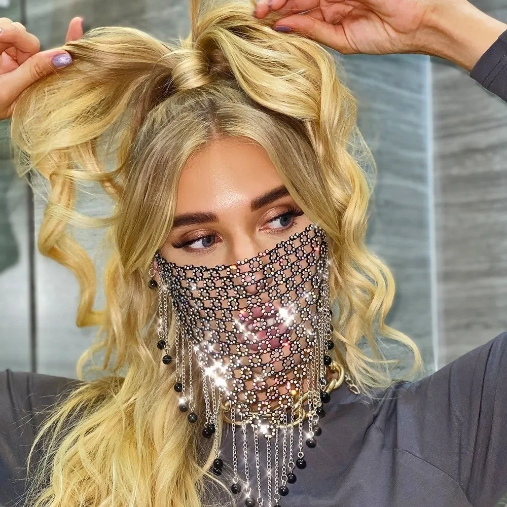 Reusable Fishing Net Rhinestone Mask Tassel Bling Face Cover Shining Hollow Masquerade Mask Girl