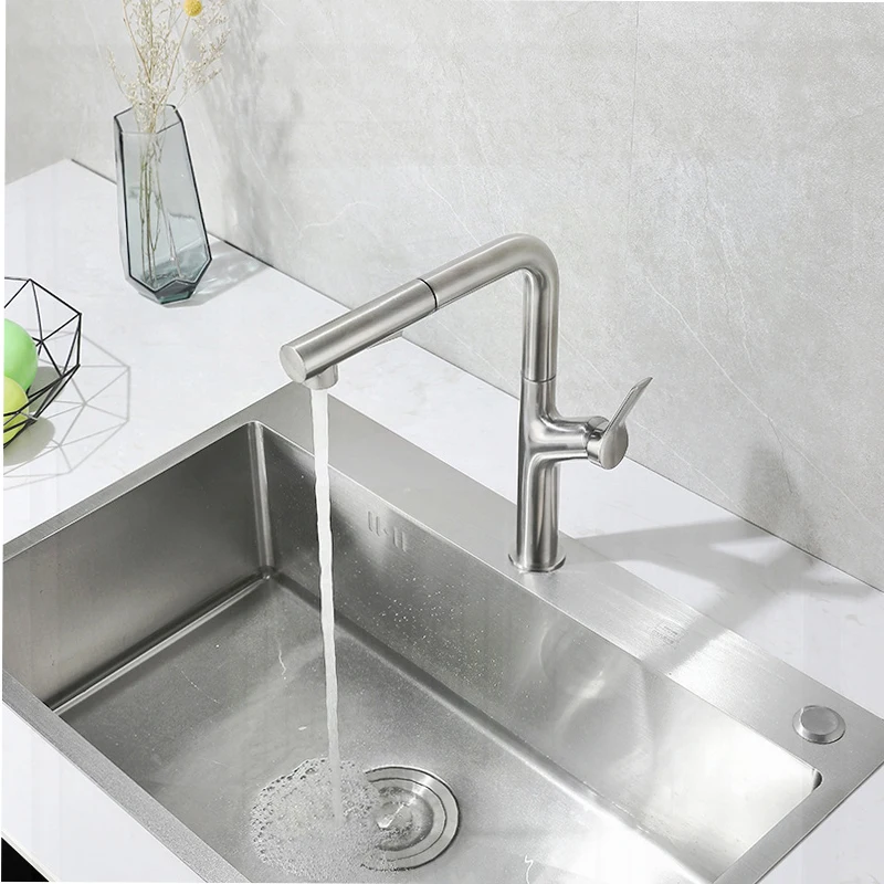 Brushed 304 Stainless Steel Kitchen Pull Out Faucet 360 Rotation Mixer Tap Single Hole Handle Creative Kitchen Sink Tap