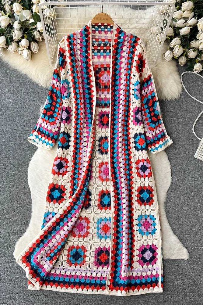 Spring Fall Vintage Bohemian Floral Jacquard Crocheted Cardigan Hollow Flowers Hooked Knitted Sweater Coat Long Sleeve Cape Tops