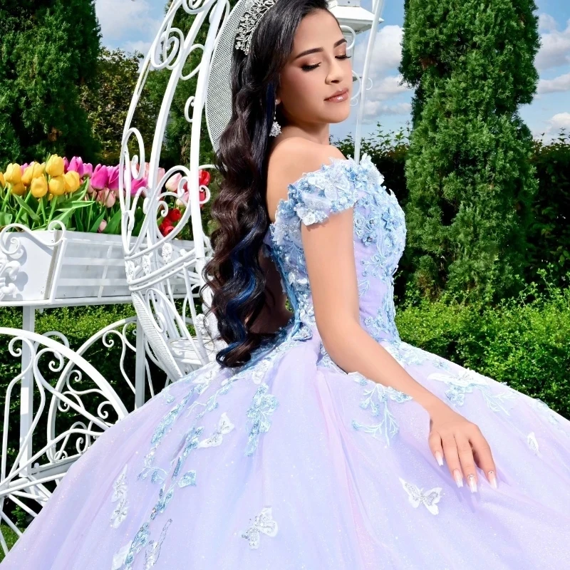 Sky Blue Lilac Sweetheart Quinceanera Dress Party Gown Appliqué Bow Beads Tull Princess Beads Crystal Off The Shoulder For 16