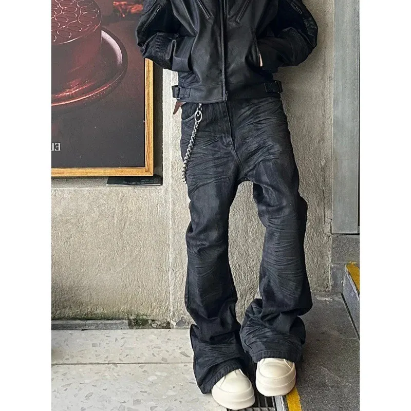 الأمريكية شارع العليا Sle الرجال تلاشى Bla الشمع معطف الجينز متوهج الساقين مستقيم قطع السراويل الطويلة الخريف الشتاء التخسيس بنطلون #2