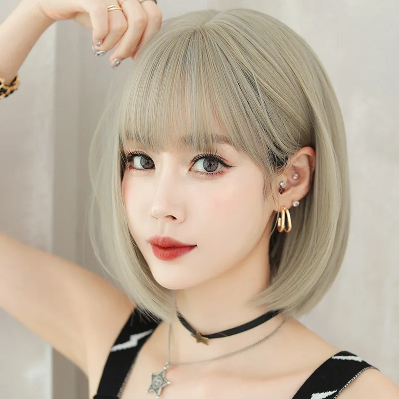 

31CM Wig Women Short Straight Hair Air Bangs Rice Brown Inner Buckle Full Head Cover Bob Head Fashion Simulation Daily Party Wig