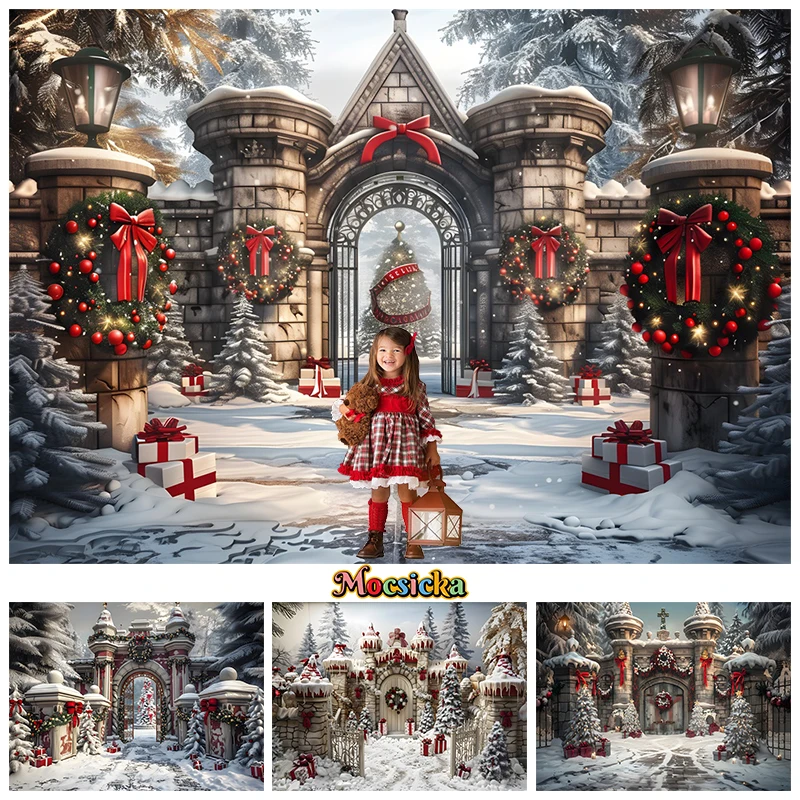 

Christmas Tree Castle Photography Backdrop Green Flower Wreath Baby Photo Background Shooting Props Decoration Studio Photobooth