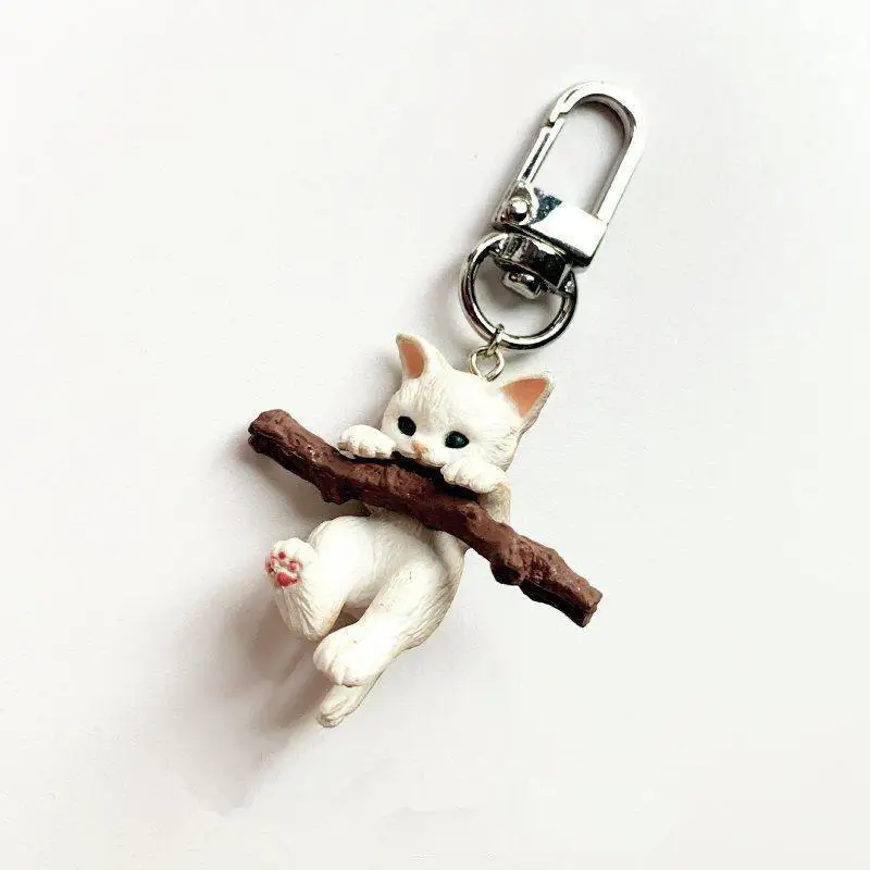 Steel Fun Jewelry Cute Holding Branch Cat Keychain Three Dimensional Cartoon Koki Creative Key Chain For Women Handbag Pendent