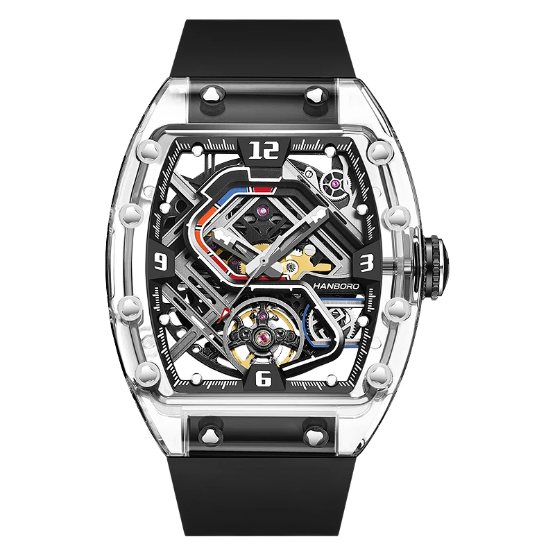 HANBORO Men Automatic Watch 42.5mm*52mm Mechanical Wristwatch Luminous Tonneau Transparent Acrylic Case Waterproof Skeleton Dial