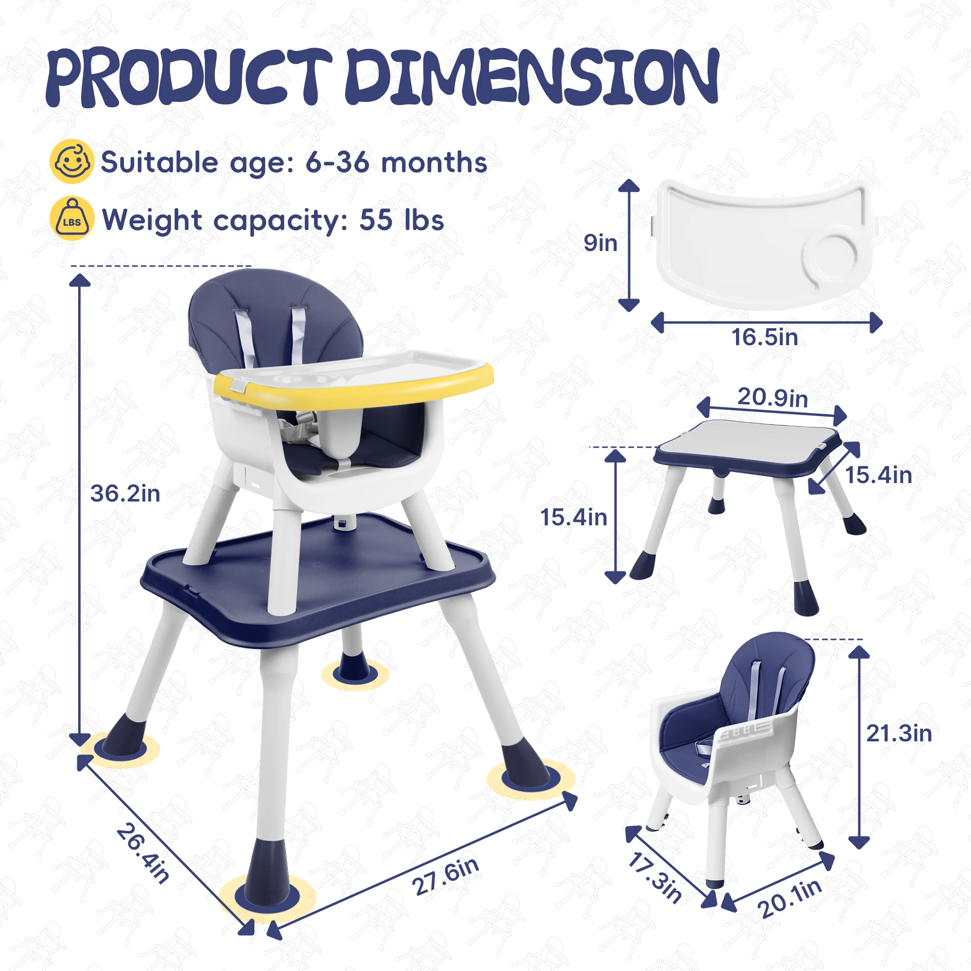 Convertible 5-in-1 High Chair for Babies And Toddlers - Building Block Table Kids Learning Desk & Chair Set with Easy Clean Cushion And Removable Tray 5-Point Harness - view 2