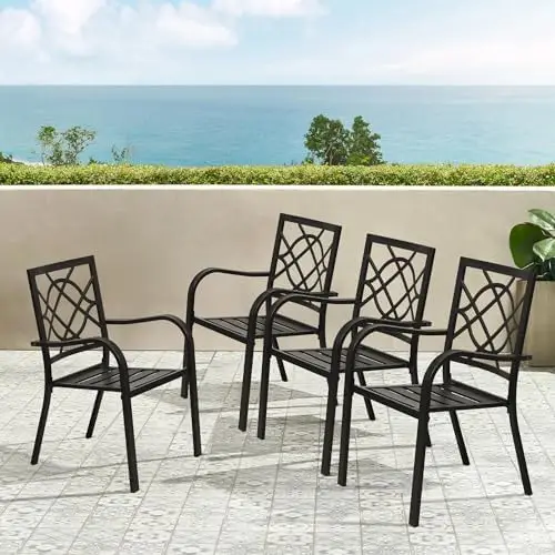 300lbs Patio Chairs Set of 4 Outdoor Dining Chairs, Metal Frame Stackable Patio Dining Chairs, Wrought Iron Black