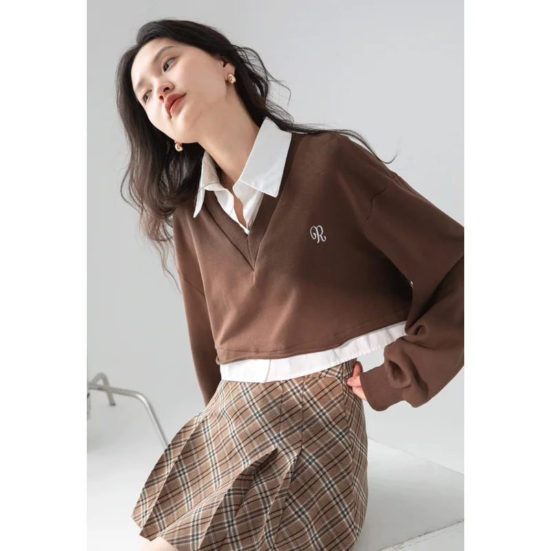 

Women's Clothing Brown Sweatshirt Embroidery Two Fake Pieces Vintage Fashion American High Street Winter Female Baggy Pullover