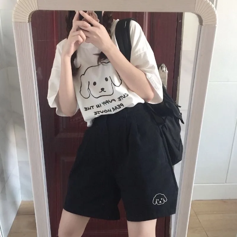 Subculture Y2k Japanese Cute Dog Print T-shirt Women's Summer Loose Round Neck Short-sleeved Top 2024 Casual New White Tees