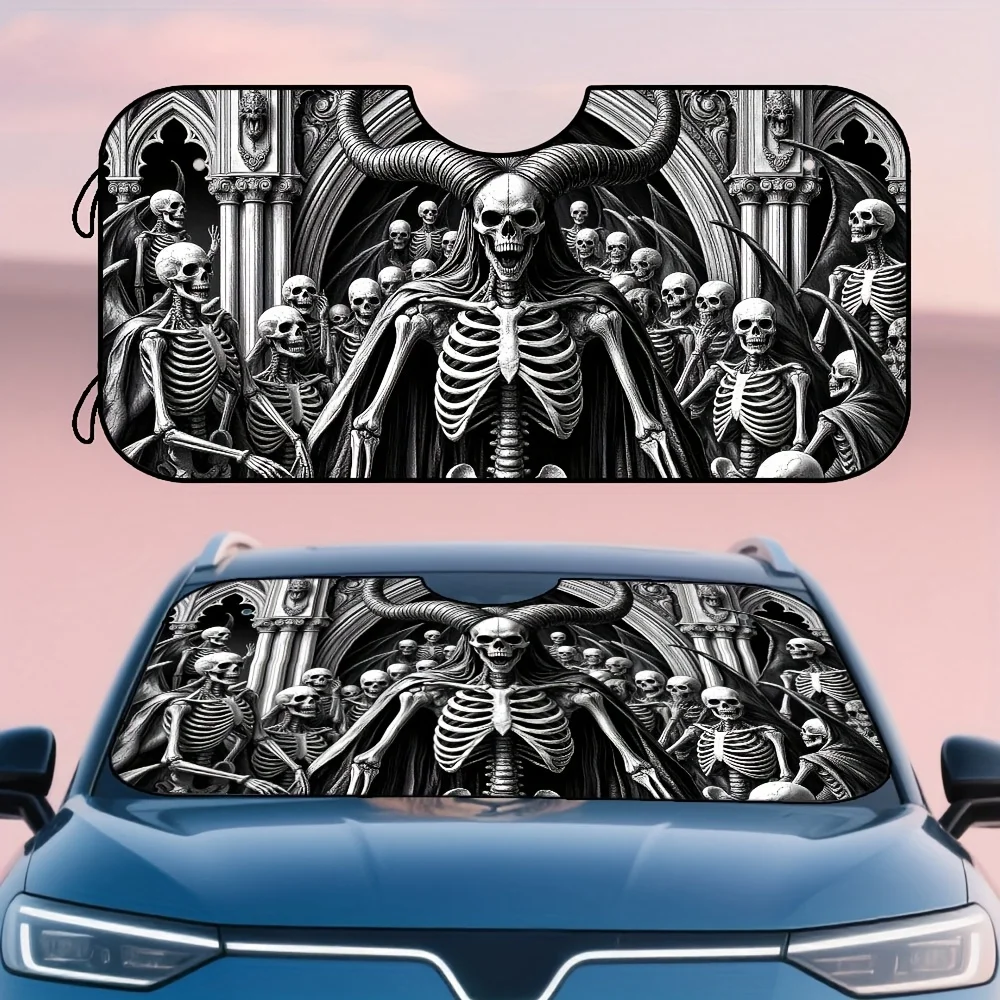 2D Flat Printing 1pc, Foldable Halloween Front Window Car Sunshade With Dark Demon Skull Fantasy Design, Fits Most Cars, SUVs, A