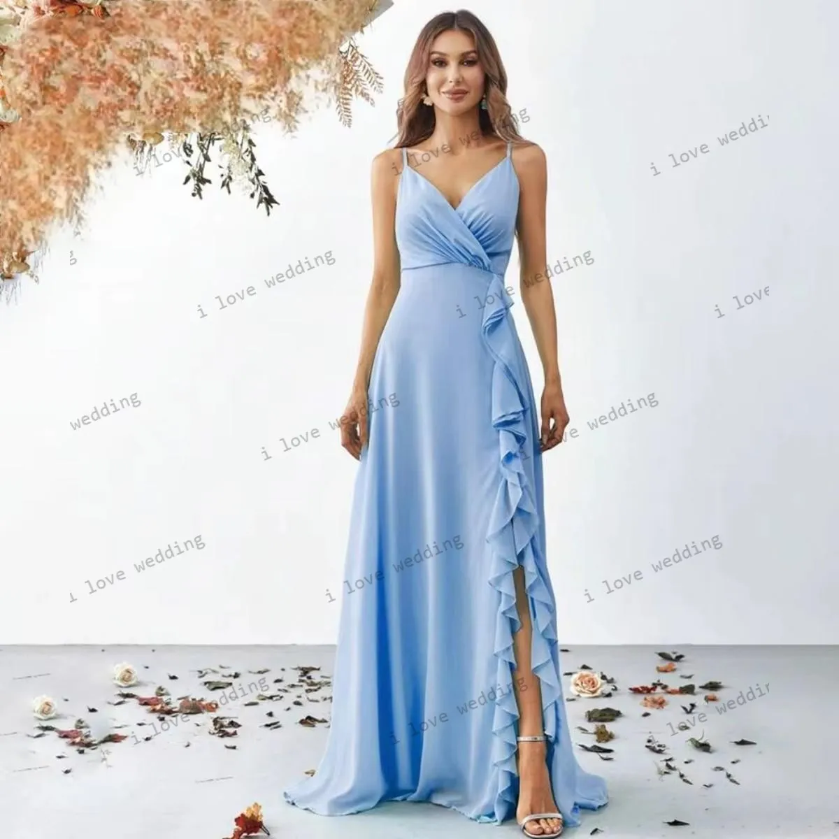 

Sky Blue V-Neck Chiffon Bridesmaid Dress Spaghetti Strap Evening Dresses Ruffles Wedding Party Dress For Women Guest Cuatomized