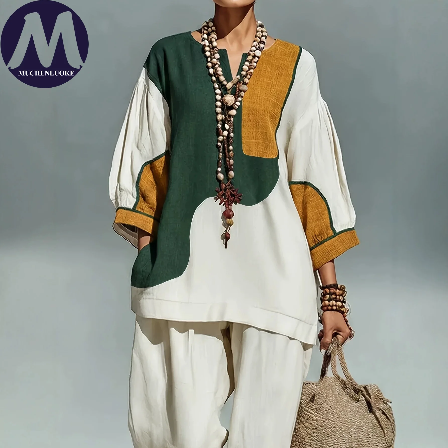 Women's Summer 2-Piece Set Color Block Lantern Sleeve Round Neck Top with Casual Loose Foot Binding Pants Fashionable And Comfor