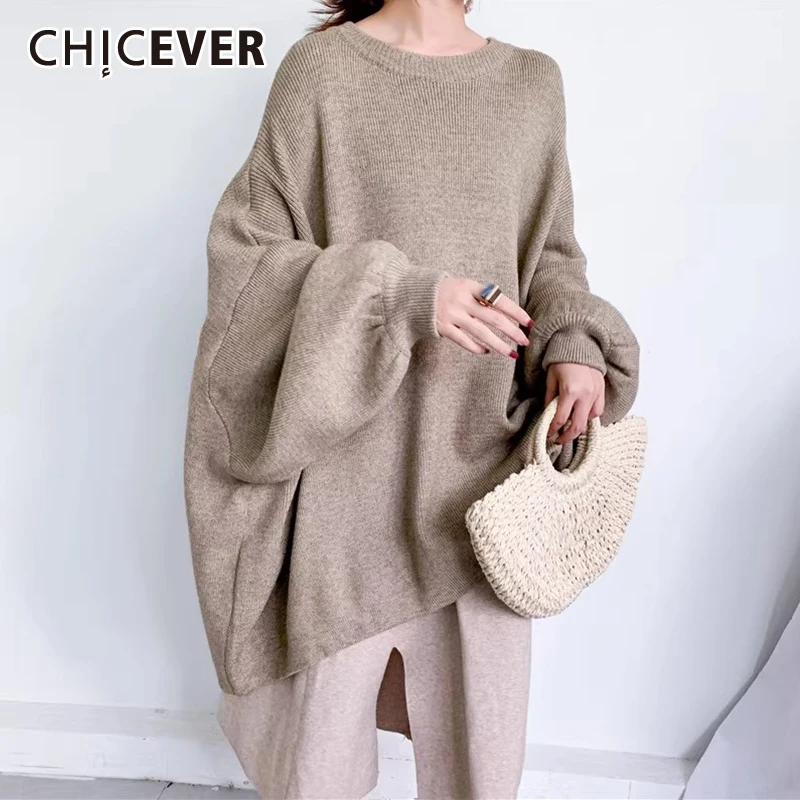 Chicever sólido minimalista solto pulôver de malha topos para mulheres o pescoço lanterna manga estilo casual meados de comprimento camisola feminina novo