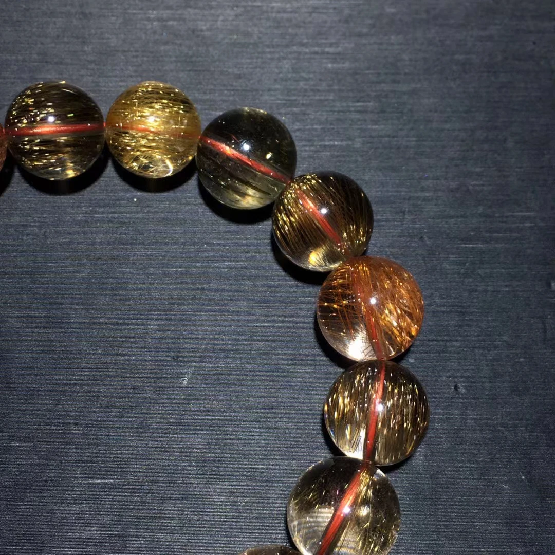 Natural Copper Rutilated Quartz Clear Round Beads Bracelet 12.4mm Cat Eye Women Men Wealthy Colorful Rutilated AAAAA