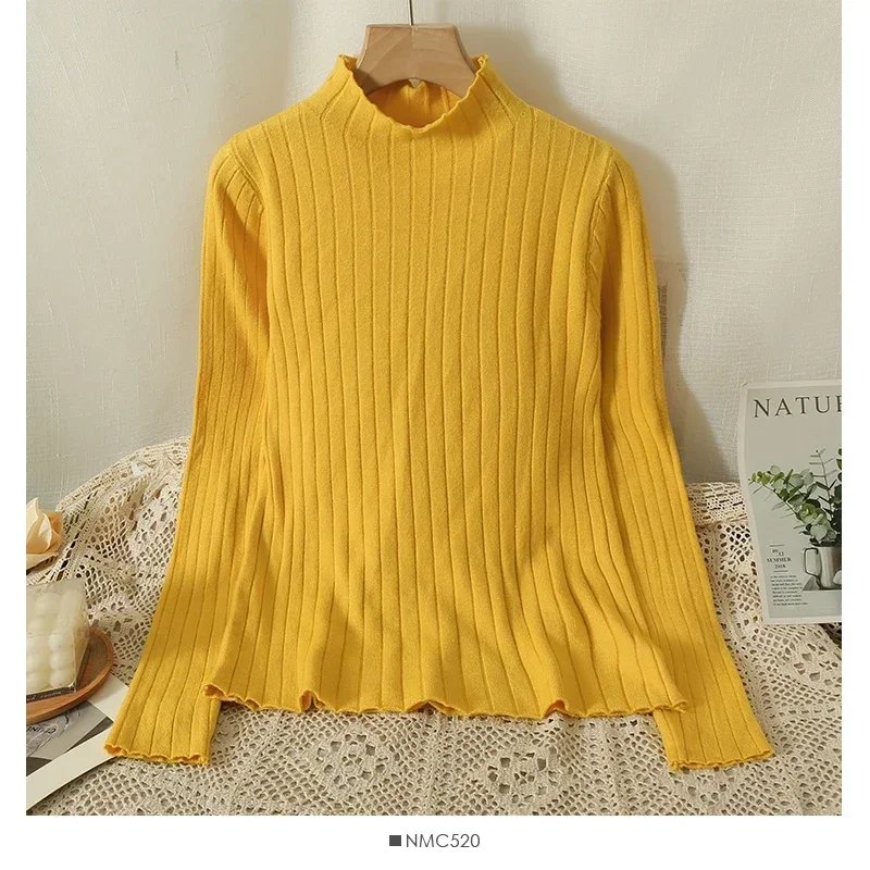 2026 جديد الخريف الشتاء نصف الياقة العالية كم طويل مضلع بلوفر مغزول عادية بلون لينة البلوزات القمم الأساسية