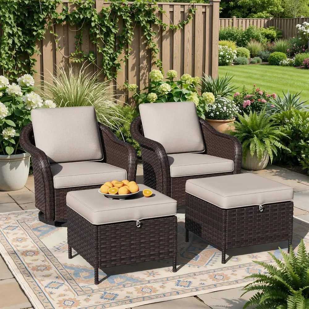 

4-Piece Outdoor Wicker Seating Set: 2 Swivel Chairs + 2 Ottomans, Weather-Resistant, Suitable for Porch, Backyard, Balcony, Pool