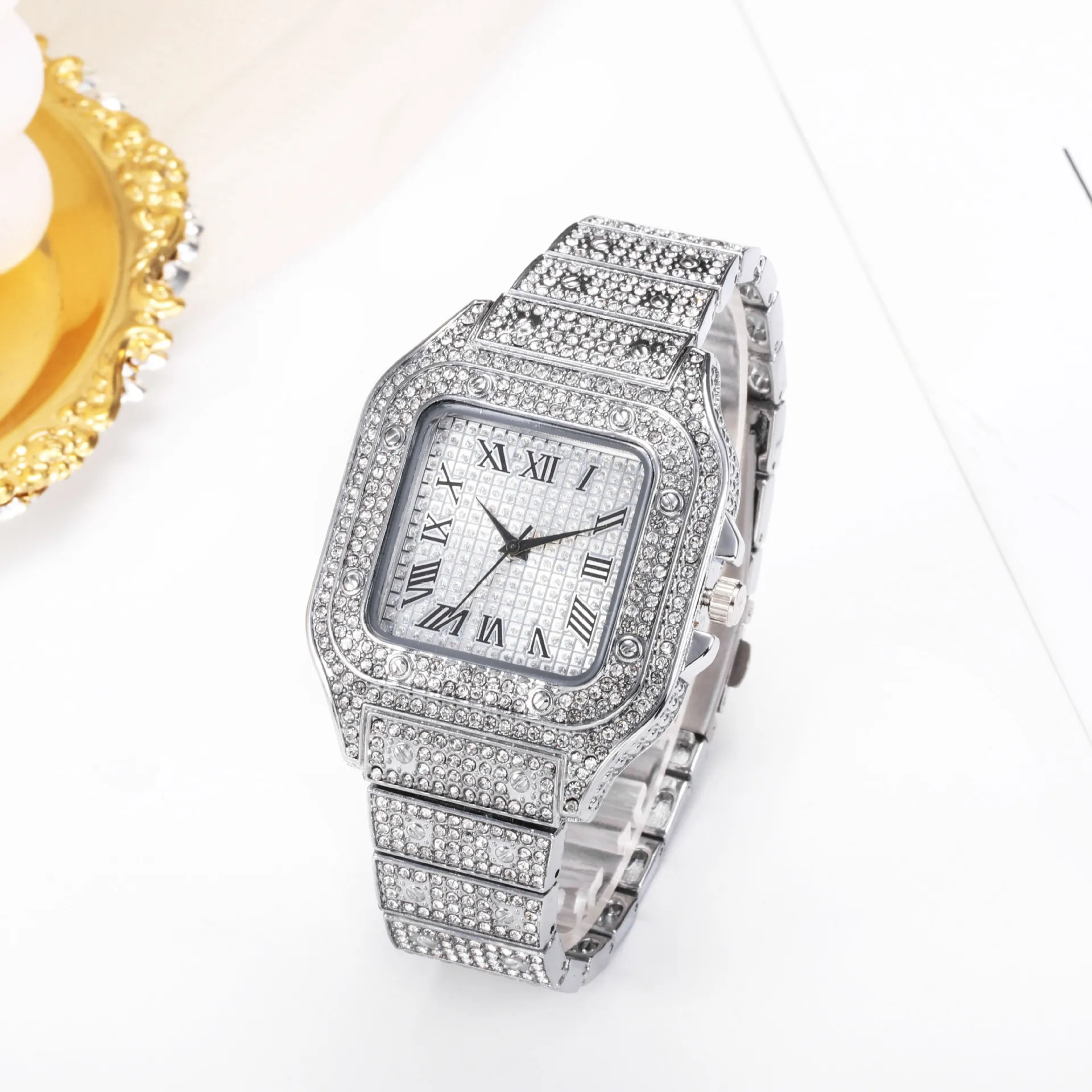 Fashion 2 pcs Set Hiphop Women Watch Men Iced-out Cuban Chain Bracelet Couple Quartz Watches Diamond Jewelry Gifts