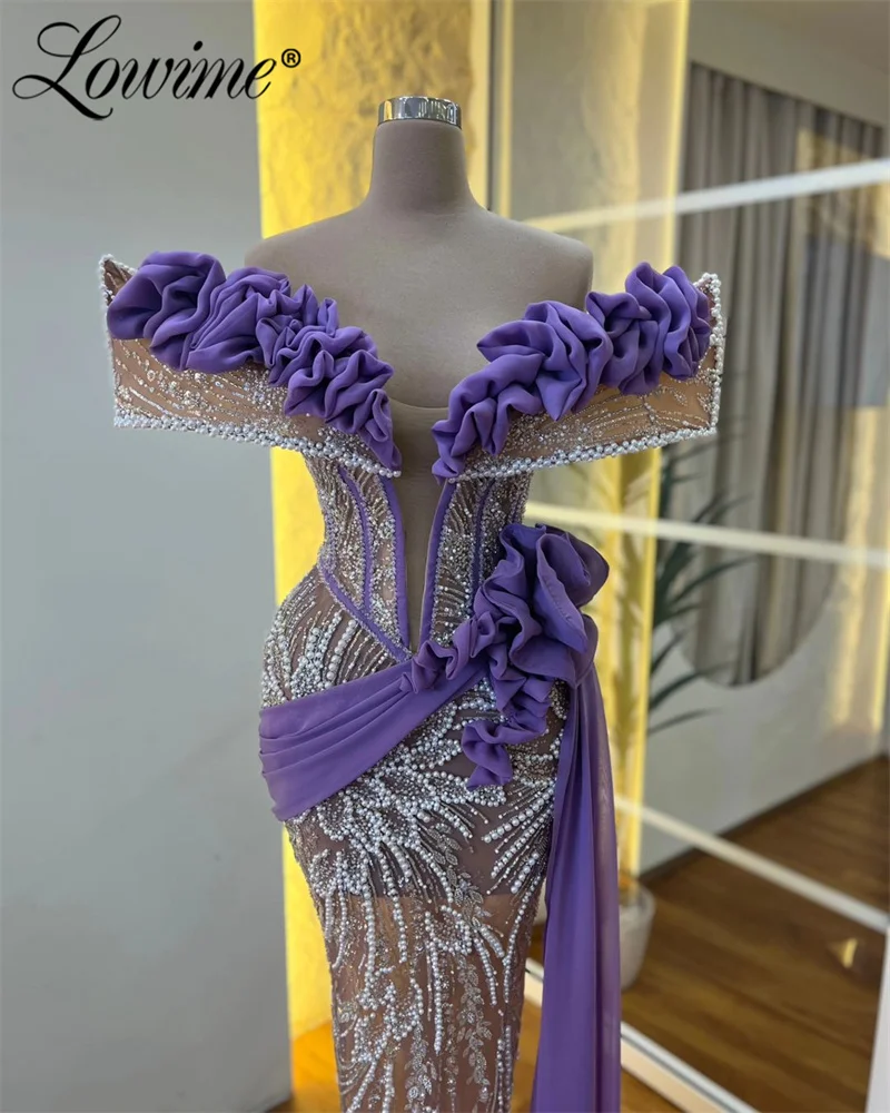 Amazing Purple Mermaid Prom Dresses 2024 Couture Pearls Ruffles Off Shoulder Celebrity Dress Long Glitter Sequined Evening Gowns