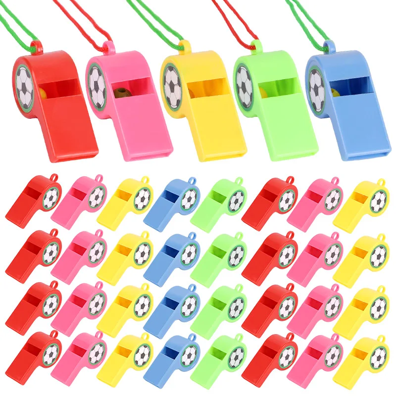 

24pcs Random Plastic Football Whistle With Hanging Rope Referee Cheering Speaker Gift Sports Atmosphere Props Noise Generator