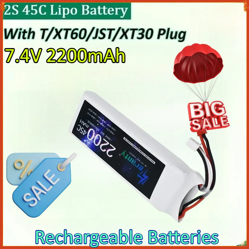 

New 2S 45C 7.4V 2200mAh Lipo Battery with T XT60 JST XT30 Plug for Quad RC FPV Airplane Drone Racing Hobby Lithium Battery