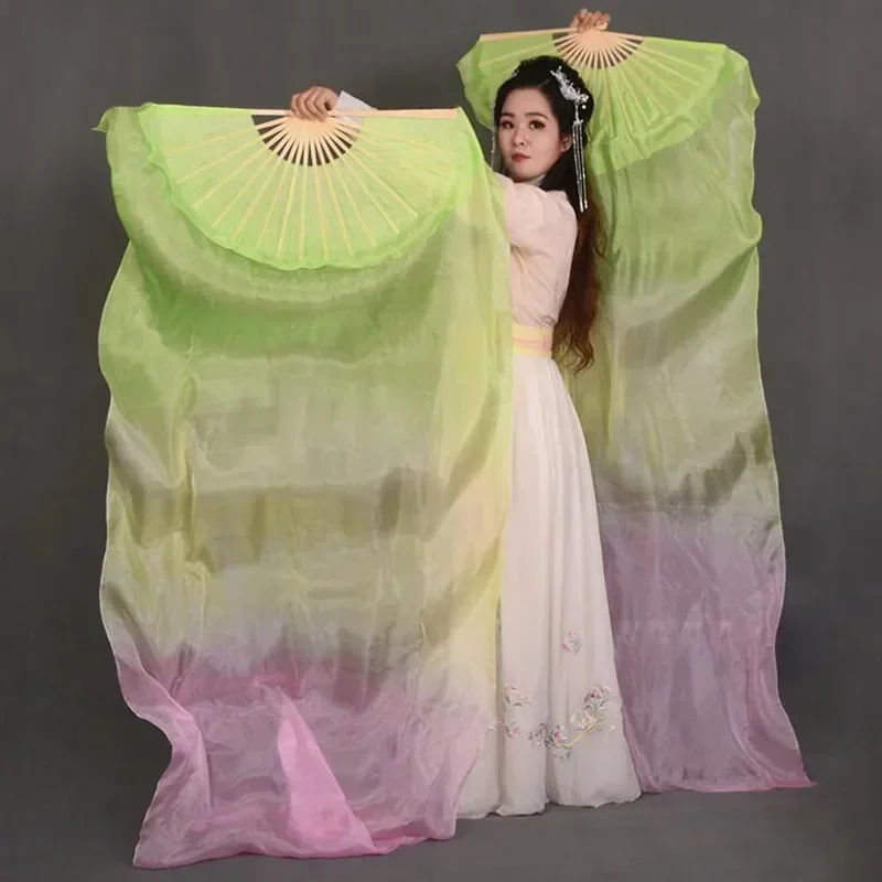 New Customized Dark Green White Silk Veil Belly Dance Fan Pairs (1L+1R) Women Oriental Dance Show Props 180cm