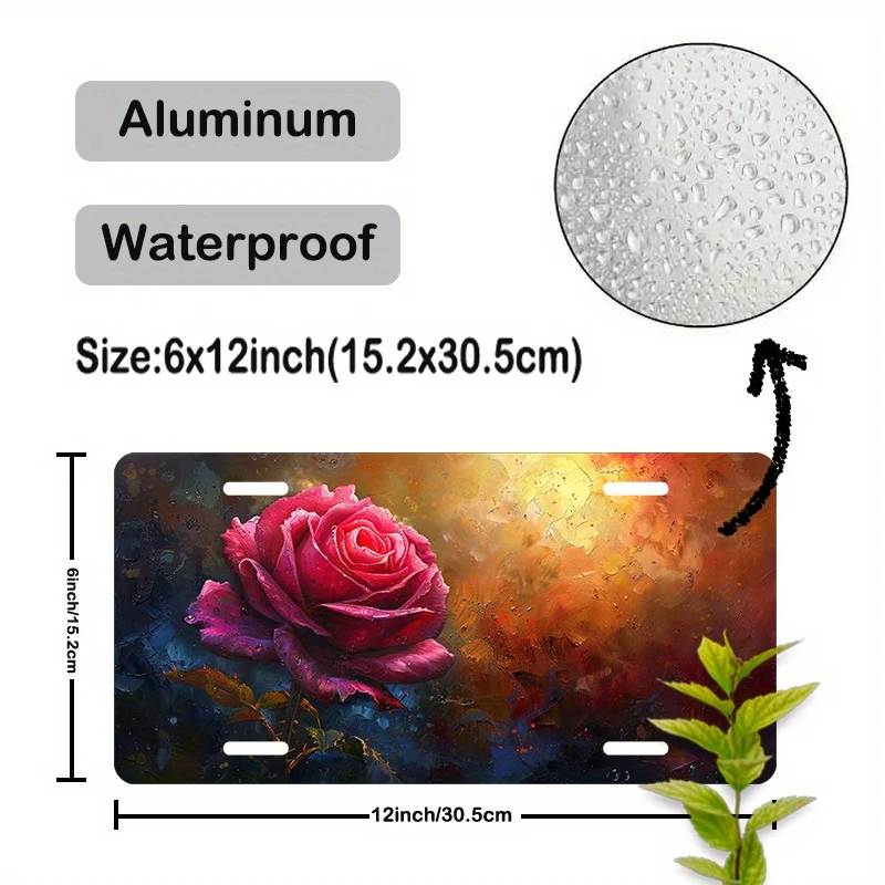 Blooming Rose Oil Painting Pattern Aluminum Car License Plate, Waterproof and Rust Proof, Perfect Gift for Holidays, Birthdays